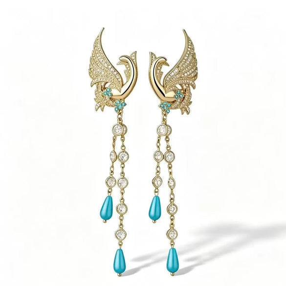 Women's Exaggerated Phoenix Crystal Tassel Earrings With Electroplated Alloy Animal Design And Steel Ear Needles