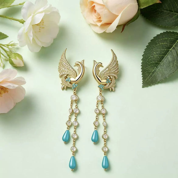 Women's Exaggerated Phoenix Crystal Tassel Earrings With Electroplated Alloy Animal Design And Steel Ear Needles
