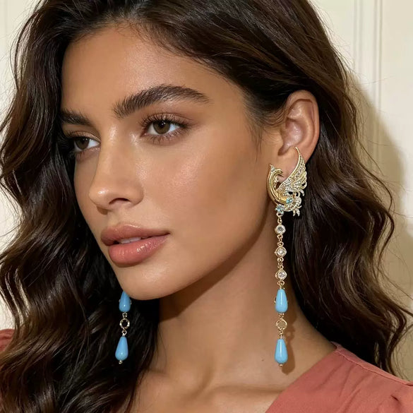 Women's Exaggerated Phoenix Crystal Tassel Earrings With Electroplated Alloy Animal Design And Steel Ear Needles