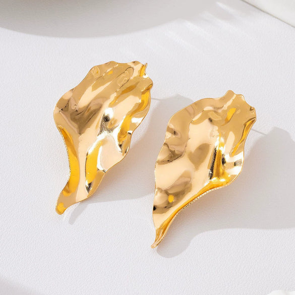 Women's Exaggerated Pleated Metal Leaf Flower Earrings With Irregular Wave Shape Shiny Electroplated Finish And Stainless Steel Ear Posts