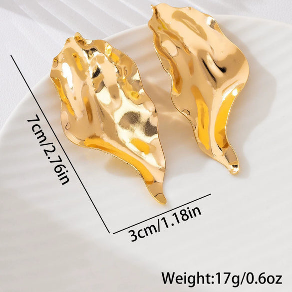 Women's Exaggerated Pleated Metal Leaf Flower Earrings With Irregular Wave Shape Shiny Electroplated Finish And Stainless Steel Ear Posts