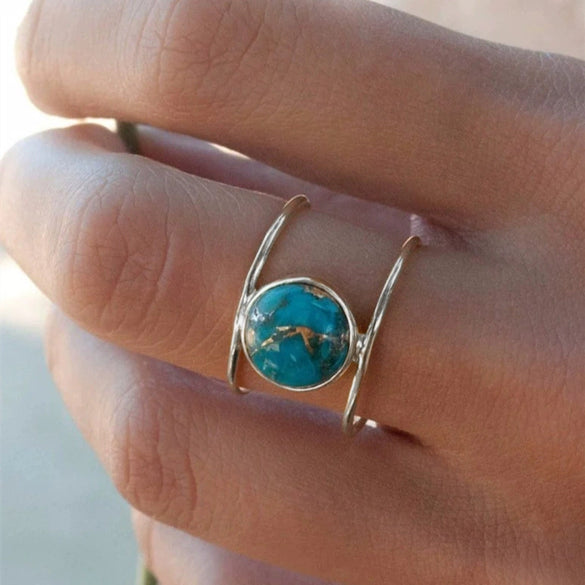 Women's Exaggerated Round Imitation Turquoise Copper Ring With Geometric Design And Electroplating Jewelry