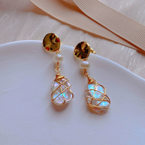Women's Exotic 925 Silver Needle Natural Freshwater Pearl Alien Shape Earrings