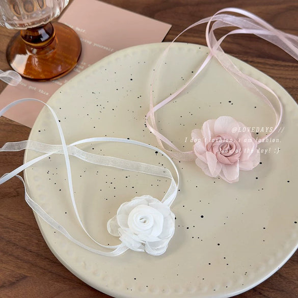 Women's Fabric Handmade Flower Pattern Camellia Bow Tie Necklace Choker Clavicle Chain