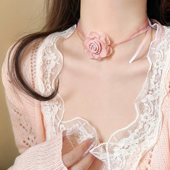 Women's Fabric Handmade Flower Pattern Camellia Bow Tie Necklace Choker Clavicle Chain