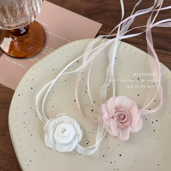 Women's Fabric Handmade Flower Pattern Camellia Bow Tie Necklace Choker Clavicle Chain