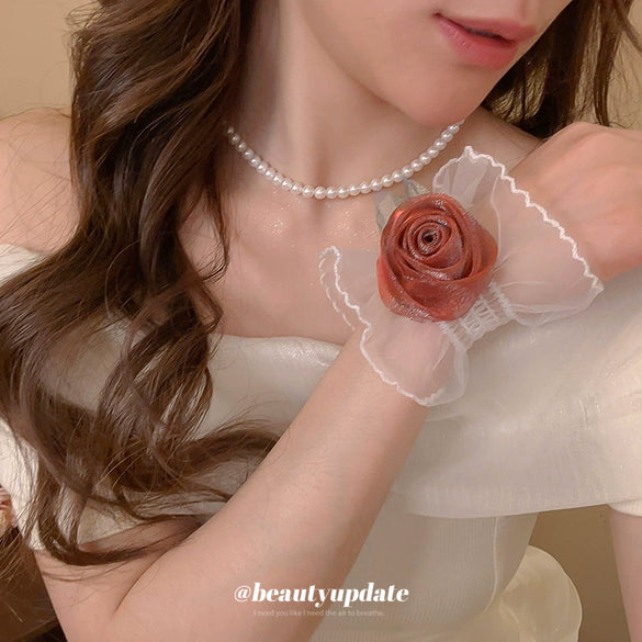 Women's Fabric Mesh Lace Handmade Rose Flower Wrist Bracelet High End Simple Elegant