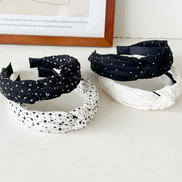 Women's Fabric Widebrimmed Black And White Polka Dot Small Floral Handmade Hairband