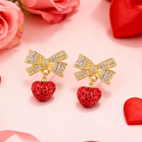 Women's Fairy Style Copper Bow Tie And Heart Shape Earrings With Electroplated Full Diamond Look Festive Cute Gift Jewelry