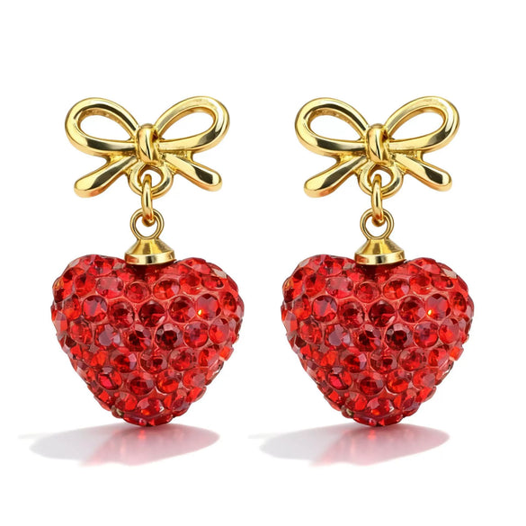 Women's Fairy Style Copper Bow Tie And Heart Shape Earrings With Electroplated Full Diamond Look Festive Cute Gift Jewelry