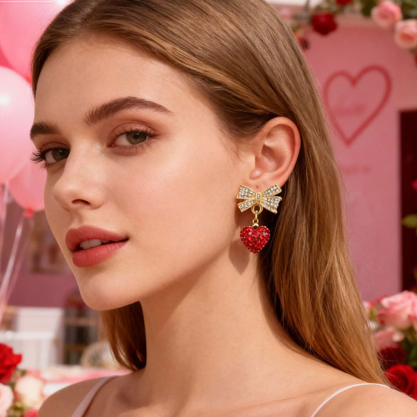 Women's Fairy Style Copper Bow Tie And Heart Shape Earrings With Electroplated Full Diamond Look Festive Cute Gift Jewelry
