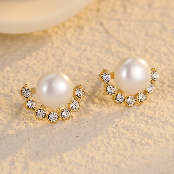 Women's Fanshaped Zircon Pearl Titanium Steel Stainless Steel Electroplated Earrings Simple And Highend Fashionable And Versatile