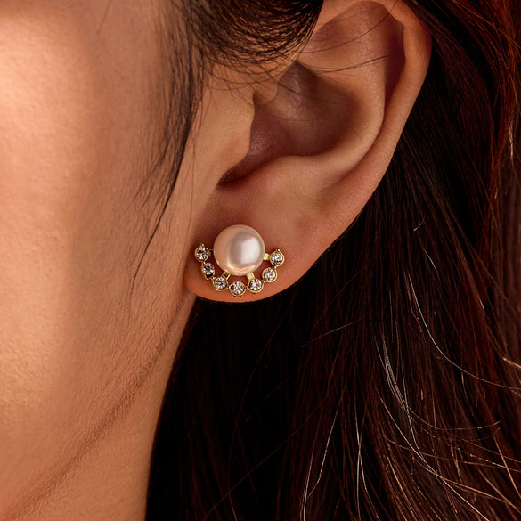 Women's Fanshaped Zircon Pearl Titanium Steel Stainless Steel Electroplated Earrings Simple And Highend Fashionable And Versatile