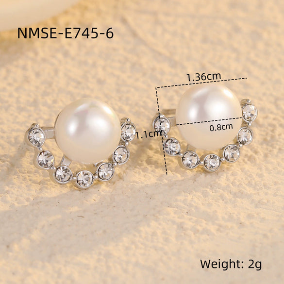 Women's Fanshaped Zircon Pearl Titanium Steel Stainless Steel Electroplated Earrings Simple And Highend Fashionable And Versatile