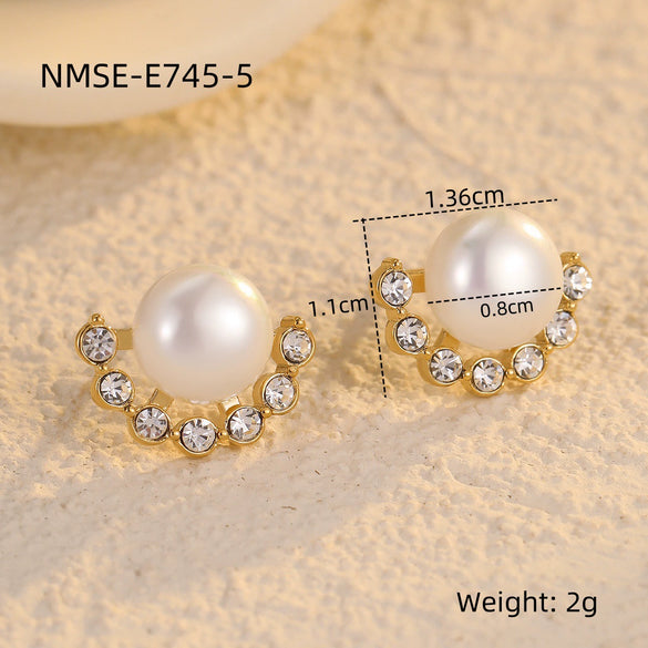 Women's Fanshaped Zircon Pearl Titanium Steel Stainless Steel Electroplated Earrings Simple And Highend Fashionable And Versatile