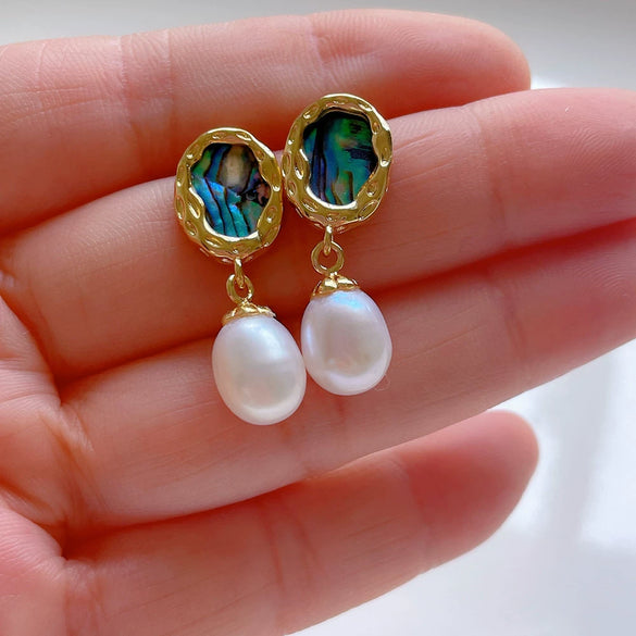 Women's Fashion Abalone Shellfish Freshwater Pearl Drop Shape Earrings With S925 Silver Needle Inlaid With Pearls