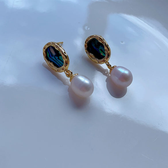 Women's Fashion Abalone Shellfish Freshwater Pearl Drop Shape Earrings With S925 Silver Needle Inlaid With Pearls