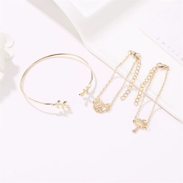 Women's Fashion Alloy Bracelet Set With Hollow Cat Coconut Tree And Leaf Charms Electroplated Ethnic Style Bracelets