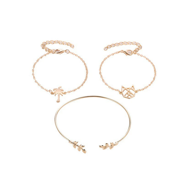 Women's Fashion Alloy Bracelet Set With Hollow Cat Coconut Tree And Leaf Charms Electroplated Ethnic Style Bracelets