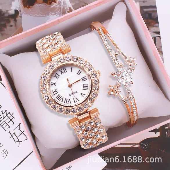 Women's Fashion Alloy Bracelet Wristwatch Set With Round Dial And Horseshoe Buckle