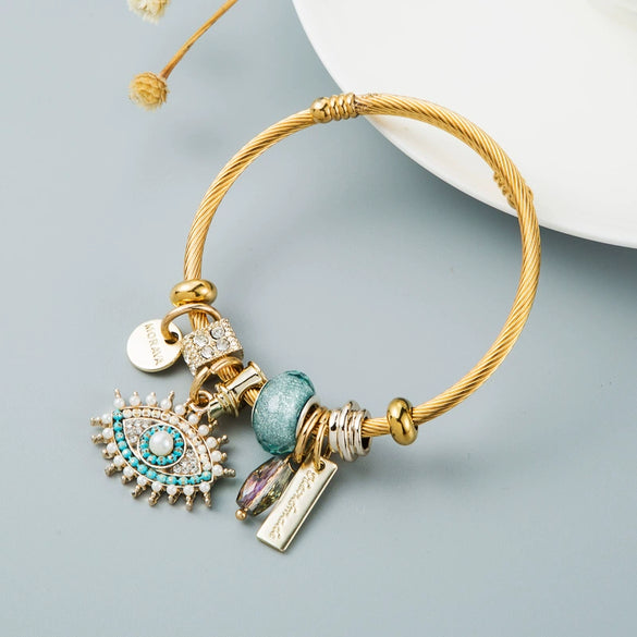 Women's Fashion Alloy Crystal Evil Eye Pendant Bracelet With Elegant Gold Plated Finish