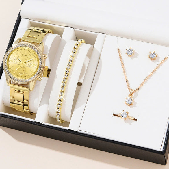 Women's Fashion Alloy Quartz Diamond Watch With Round Dial And Spiral Crown