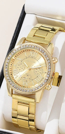Women's Fashion Alloy Quartz Diamond Watch With Round Dial And Spiral Crown
