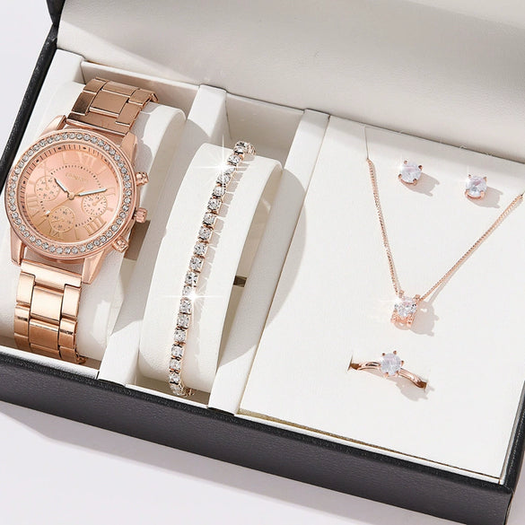 Women's Fashion Alloy Quartz Diamond Watch With Round Dial And Spiral Crown