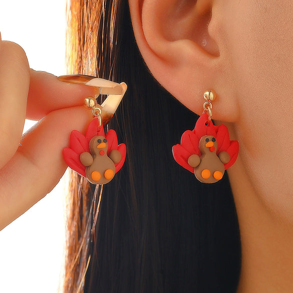 Women's Fashion Animal Style Polymer Clay Engraved Bird Turkey Maple Leaf Earrings