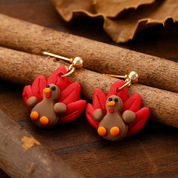 Women's Fashion Animal Style Polymer Clay Engraved Bird Turkey Maple Leaf Earrings