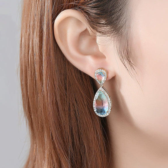 Women's Fashion Bright Color Synthetic Gem Inlaid Copper Drop Earrings With Elegant Statement Style