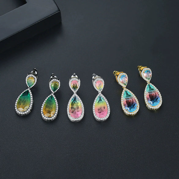 Women's Fashion Bright Color Synthetic Gem Inlaid Copper Drop Earrings With Elegant Statement Style