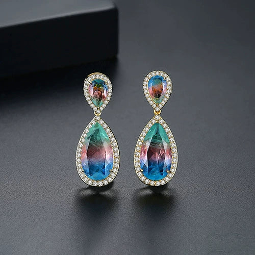 Women's Fashion Bright Color Synthetic Gem Inlaid Copper Drop Earrings With Elegant Statement Style