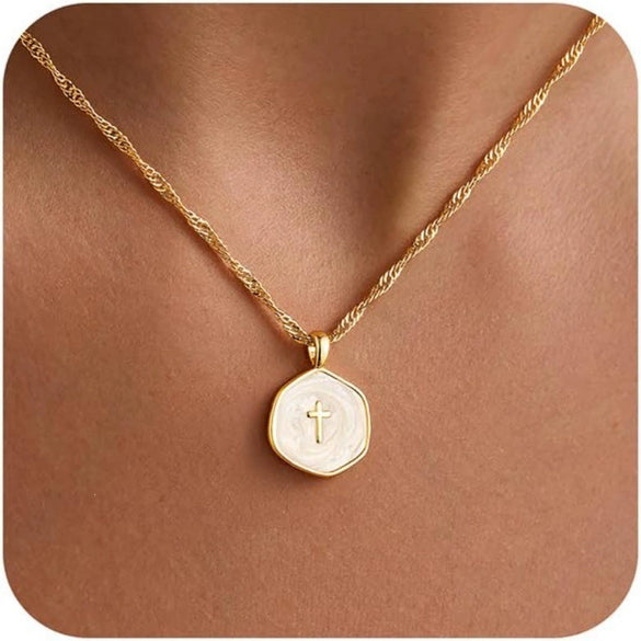 Women's Fashion Colorful Geometric Cross Pendant Necklace In Electroplated Copper With Regular Chain Elegant Versatile Clavicle Jewelry