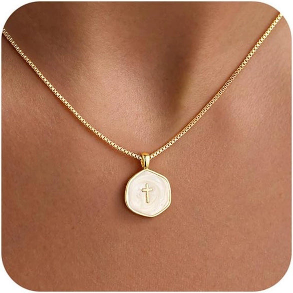 Women's Fashion Colorful Geometric Cross Pendant Necklace In Electroplated Copper With Regular Chain Elegant Versatile Clavicle Jewelry