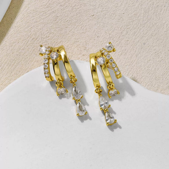 Women's Fashion Copper Drop Shape Geometric Zircon Tassel Earrings With Stainless Steel Posts And Electroplated Finish