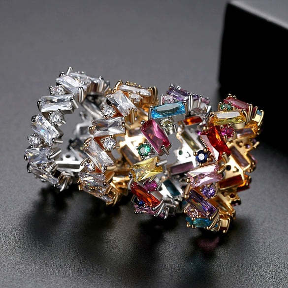 Women's Fashion Copper Geometric Zircon Ring With Row Set Colored Rainbow Stones