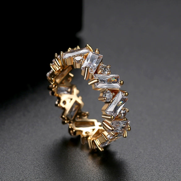 Women's Fashion Copper Geometric Zircon Ring With Row Set Colored Rainbow Stones