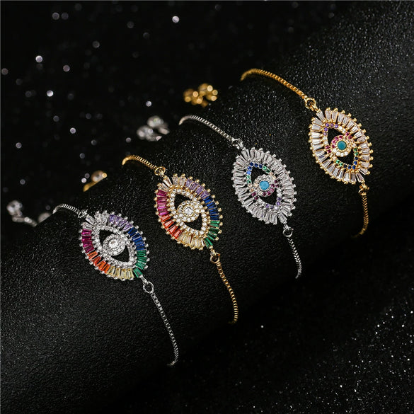 Women’s Fashion Copper Micro Inlaid Zircon Evil Eye Pull Bracelet Elegant Trendy Charm Jewelry