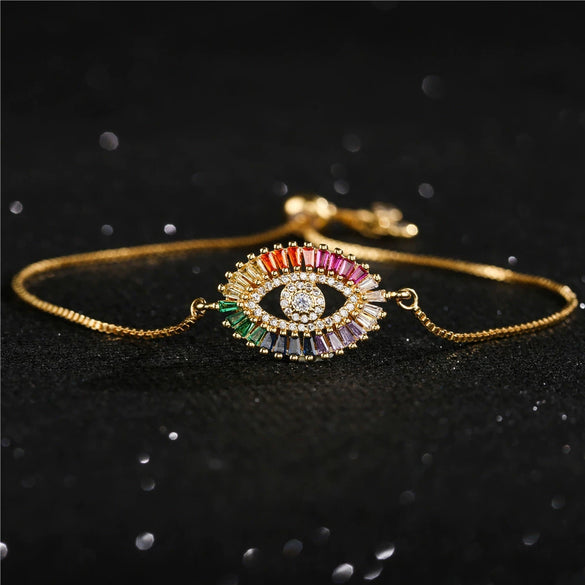 Women’s Fashion Copper Micro Inlaid Zircon Evil Eye Pull Bracelet Elegant Trendy Charm Jewelry
