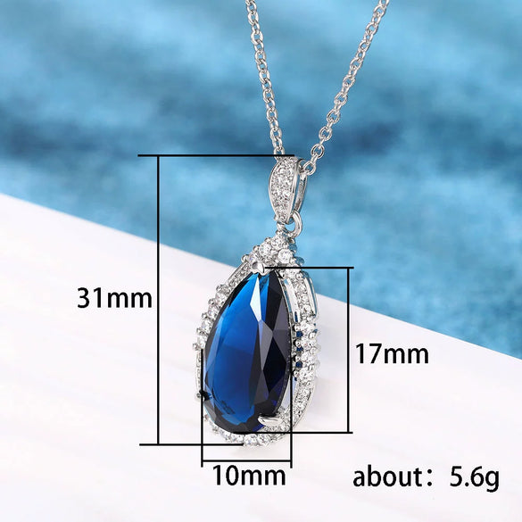 Women's Fashion Copper Mixed Gem Inlay Zircon Dropshaped Natural Geometric Pendant Necklace With Ochain