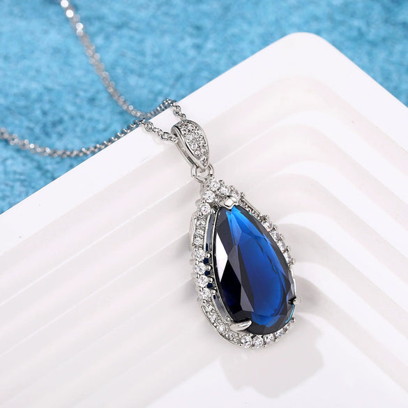 Women's Fashion Copper Mixed Gem Inlay Zircon Dropshaped Natural Geometric Pendant Necklace With Ochain