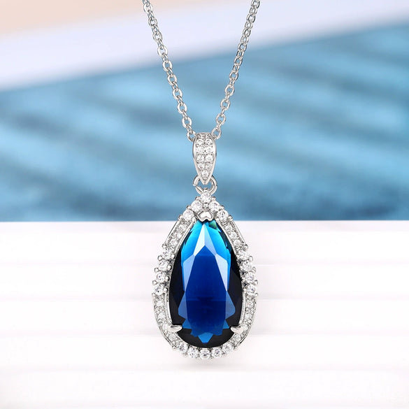 Women's Fashion Copper Mixed Gem Inlay Zircon Dropshaped Natural Geometric Pendant Necklace With Ochain