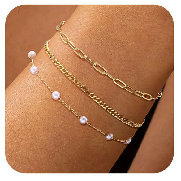 Women's Fashion Copper Multi Layer Paper Clip Cuban Link And Snake Chain Bracelet With Geometric Style Electroplated Finish