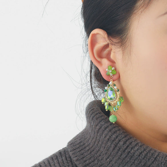 Women's Fashion Crystal Rhinestone Flower Tassel Earrings Set With Diamonds