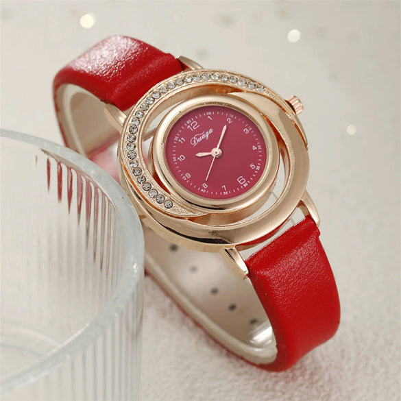 Women's Fashion Diamond Pu Leather Strap Alloy Case Round Dial Quartz Watch With Stainless Steel Clasp And Ordinary Glass Mirror