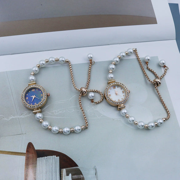 Women's Fashion Diamondencrusted Pearl Alloy Watch With Round Dial