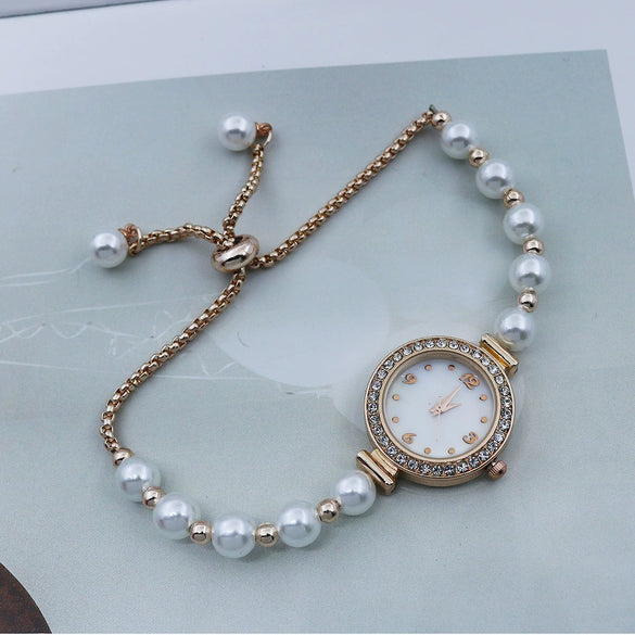 Women's Fashion Diamondencrusted Pearl Alloy Watch With Round Dial