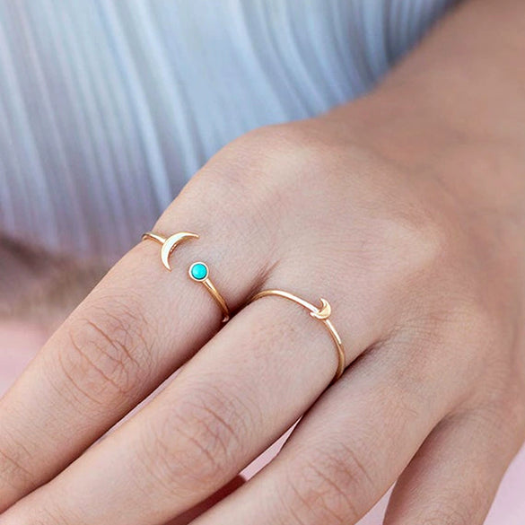 Women's Fashion Electroplated Copper Open Ring With Turquoise Round Ball And Moon Geometric Design