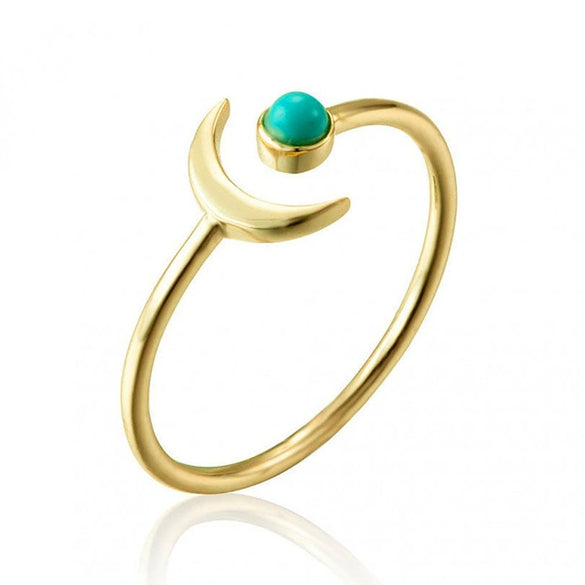 Women's Fashion Electroplated Copper Open Ring With Turquoise Round Ball And Moon Geometric Design